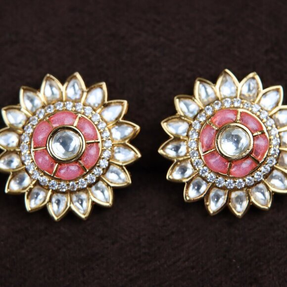 Pink Floral Kundan Brass Earrings, JP05